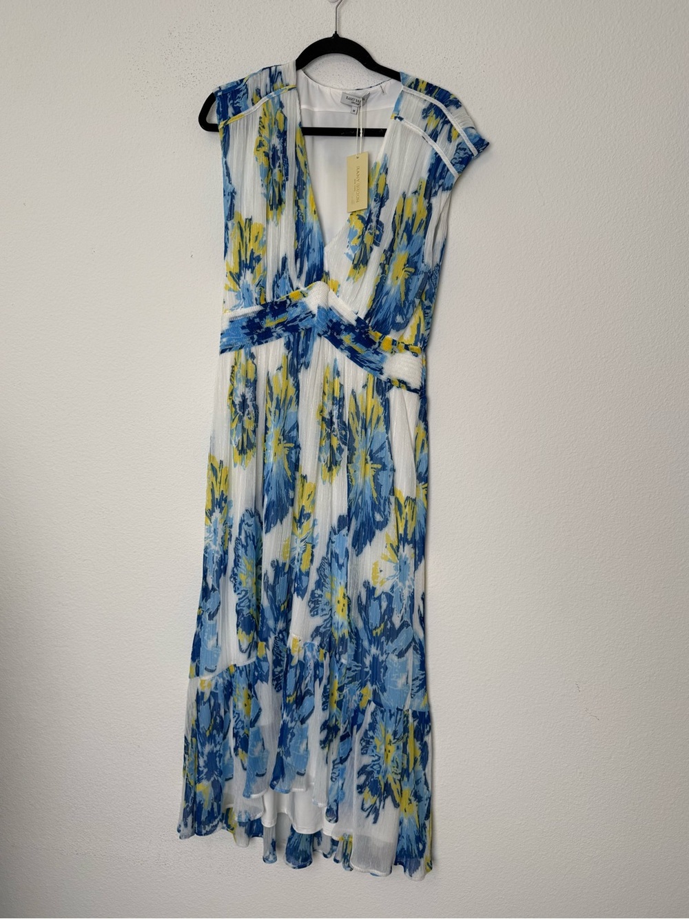 NWT Ramy Brook Amna Floral Maxi Dress M Blue Yellow Plunge Vacation $525